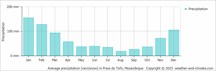 Average monthly rainfall, snow, precipitation in Praia do Tofo, Mozambique
