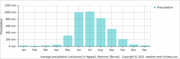 Average monthly rainfall, snow, precipitation in Ngapali, Myanmar (Burma)