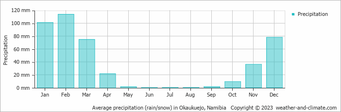 Average monthly rainfall, snow, precipitation in Okaukuejo, Namibia