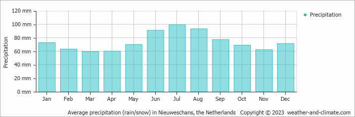 Average monthly rainfall, snow, precipitation in Nieuweschans, the Netherlands