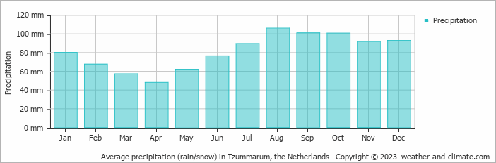 Average monthly rainfall, snow, precipitation in Tzummarum, 