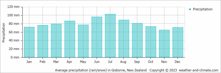 Average monthly rainfall, snow, precipitation in Gisborne, New Zealand