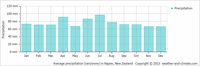 Average monthly rainfall, snow, precipitation in Napier, 