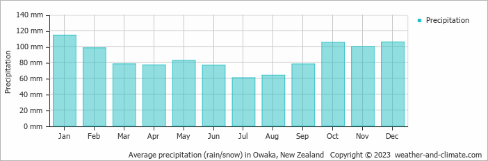 Average monthly rainfall, snow, precipitation in Owaka, New Zealand