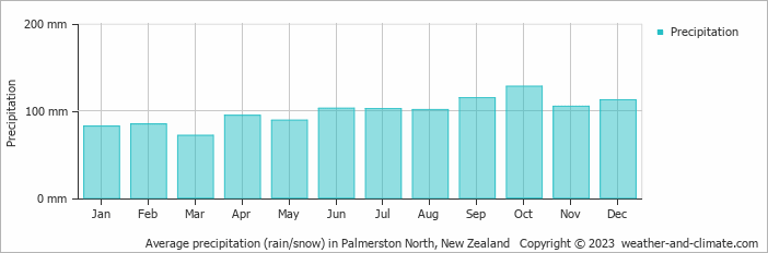 Average monthly rainfall, snow, precipitation in Palmerston North, 