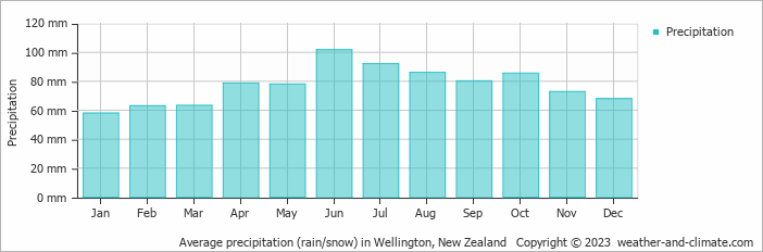 Average precipitation (rain/snow) in Wellington, New Zealand   Copyright © 2022  weather-and-climate.com  