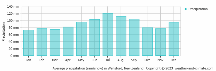 Average monthly rainfall, snow, precipitation in Wellsford, New Zealand