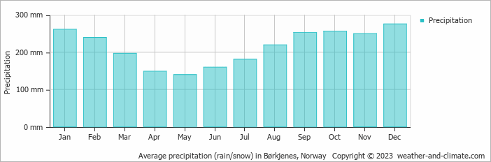 Average monthly rainfall, snow, precipitation in Børkjenes, Norway