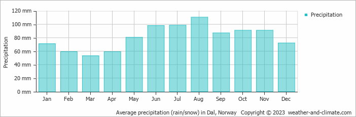 Average monthly rainfall, snow, precipitation in Dal, Norway