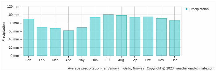 Average monthly rainfall, snow, precipitation in Geilo, 