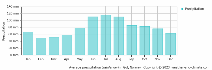 Average monthly rainfall, snow, precipitation in Gol, 