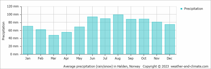 Average monthly rainfall, snow, precipitation in Halden, Norway