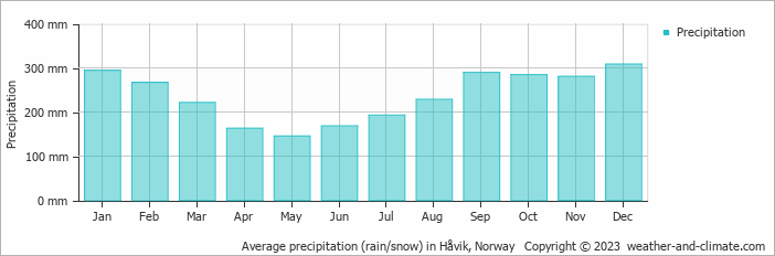 Average monthly rainfall, snow, precipitation in Håvik, 