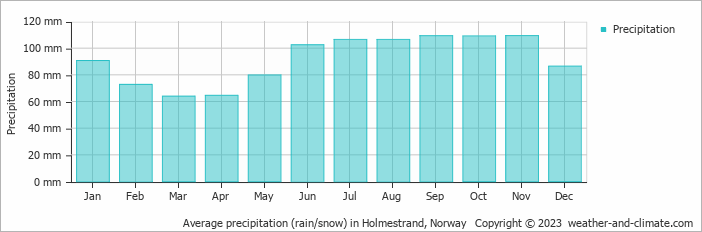 Average monthly rainfall, snow, precipitation in Holmestrand, Norway