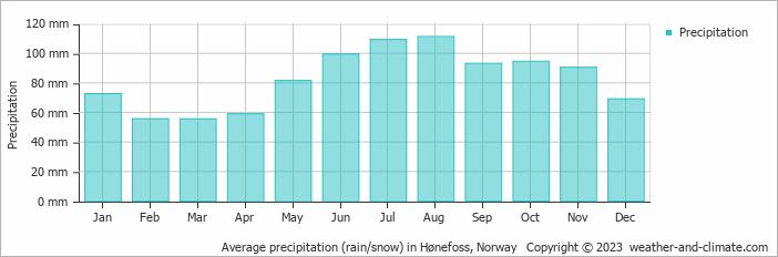 Average monthly rainfall, snow, precipitation in Hønefoss, Norway