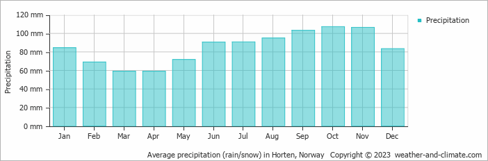 Average monthly rainfall, snow, precipitation in Horten, Norway