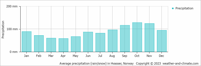 Average monthly rainfall, snow, precipitation in Hvasser, Norway