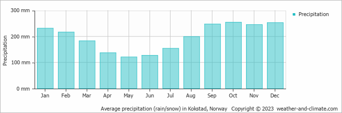 Average monthly rainfall, snow, precipitation in Kokstad, Norway