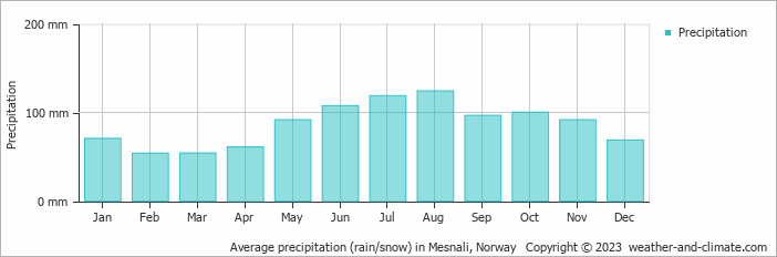 Average monthly rainfall, snow, precipitation in Mesnali, 