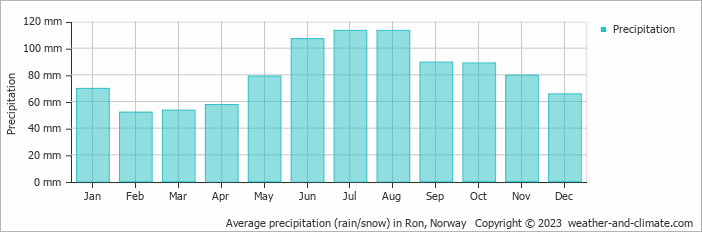 Average monthly rainfall, snow, precipitation in Ron, Norway