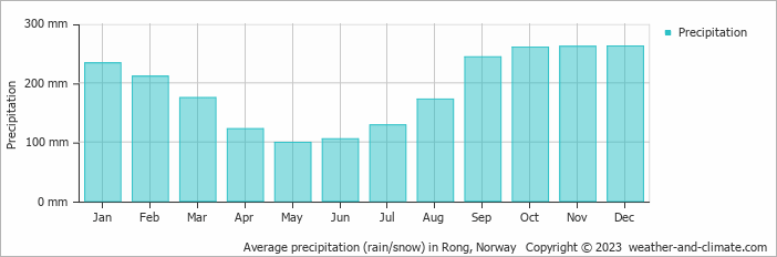Average monthly rainfall, snow, precipitation in Rong, Norway