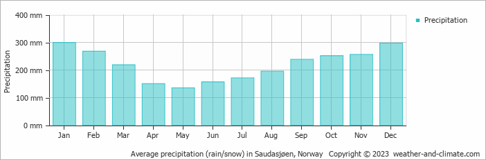 Average monthly rainfall, snow, precipitation in Saudasjøen, Norway
