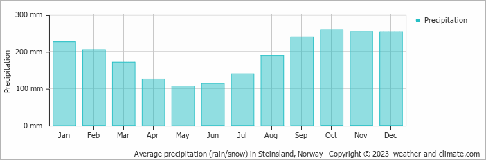 Average monthly rainfall, snow, precipitation in Steinsland, Norway