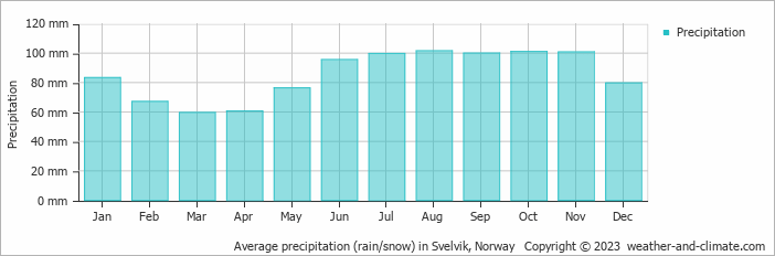 Average monthly rainfall, snow, precipitation in Svelvik, Norway