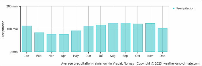 Average monthly rainfall, snow, precipitation in Vradal, Norway