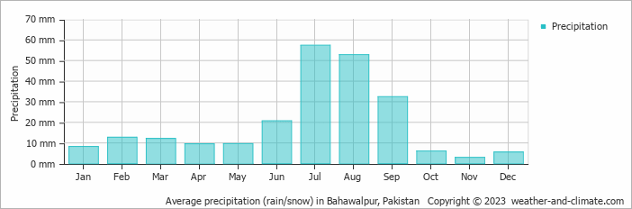 Average monthly rainfall, snow, precipitation in Bahawalpur, 