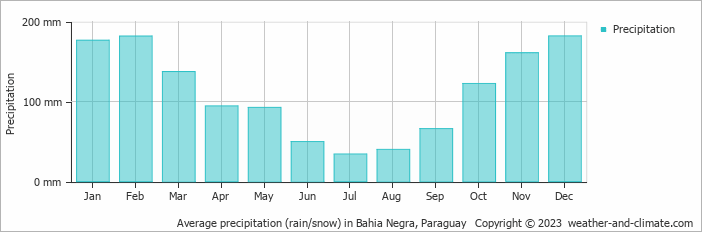 Average monthly rainfall, snow, precipitation in Bahia Negra, Paraguay