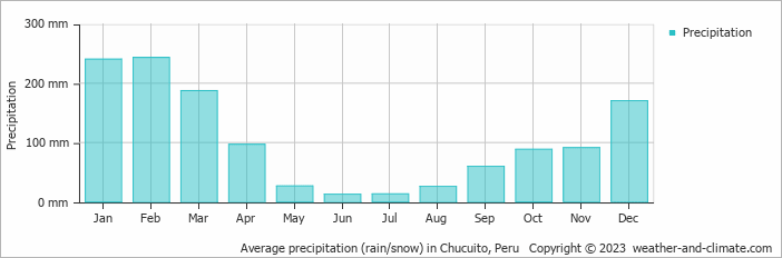 Average monthly rainfall, snow, precipitation in Chucuito, Peru