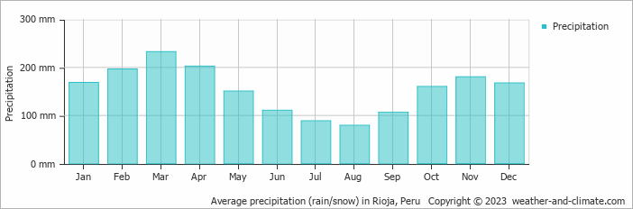 Average monthly rainfall, snow, precipitation in Rioja, Peru