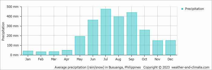 Average monthly rainfall, snow, precipitation in Busuanga, 