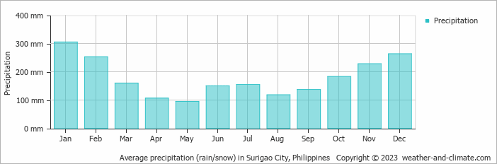 Average monthly rainfall, snow, precipitation in Surigao City, 