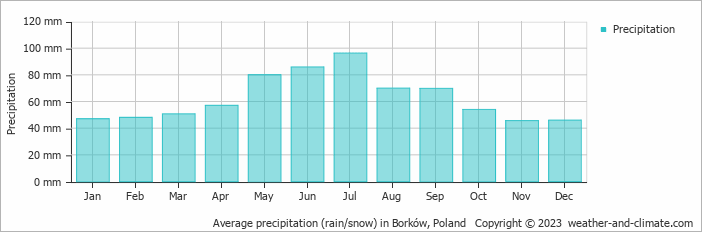 Average monthly rainfall, snow, precipitation in Borków, Poland