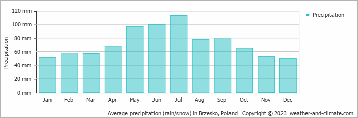 Average monthly rainfall, snow, precipitation in Brzesko, Poland