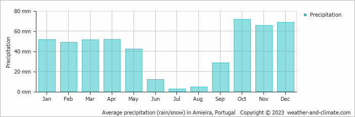 Average monthly rainfall, snow, precipitation in Amieira, Portugal