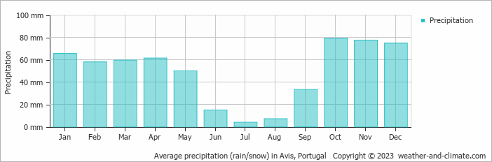 Average monthly rainfall, snow, precipitation in Avis, Portugal