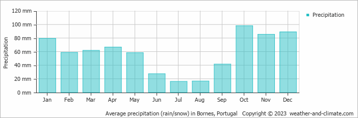 Average monthly rainfall, snow, precipitation in Bornes, Portugal