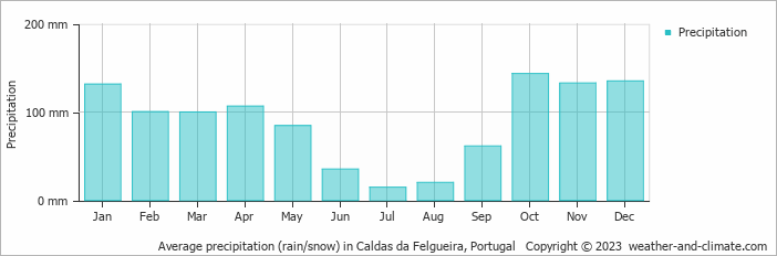 Average monthly rainfall, snow, precipitation in Caldas da Felgueira, Portugal