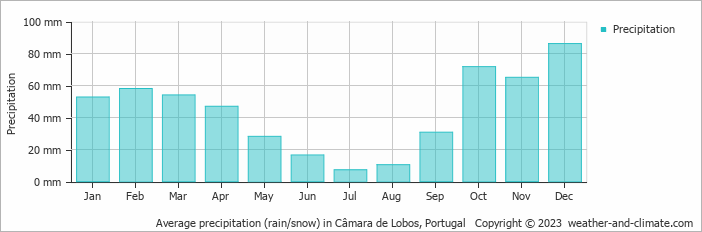 Average monthly rainfall, snow, precipitation in Câmara de Lobos, Portugal