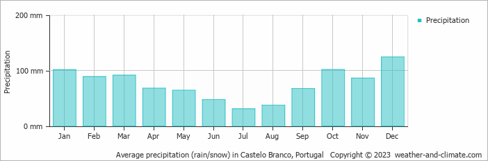 Average monthly rainfall, snow, precipitation in Castelo Branco, Portugal