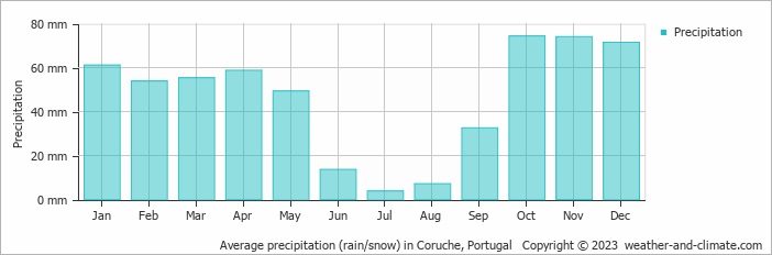 Average monthly rainfall, snow, precipitation in Coruche, Portugal