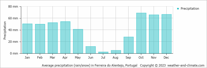 Average monthly rainfall, snow, precipitation in Ferreira do Alentejo, Portugal