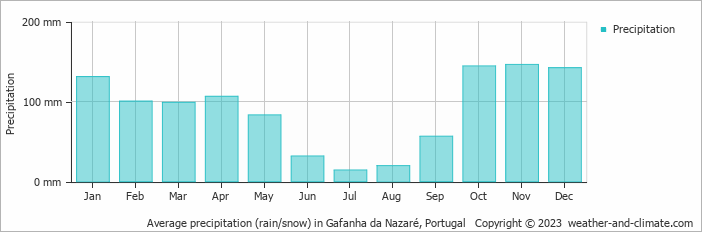 Average monthly rainfall, snow, precipitation in Gafanha da Nazaré, Portugal