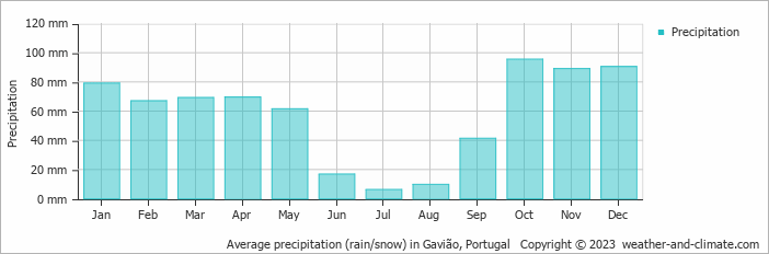 Average monthly rainfall, snow, precipitation in Gavião, Portugal