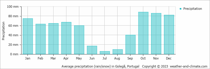 Average monthly rainfall, snow, precipitation in Golegã, Portugal