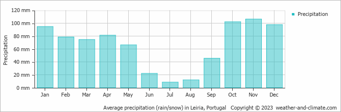 Average monthly rainfall, snow, precipitation in Leiria, 