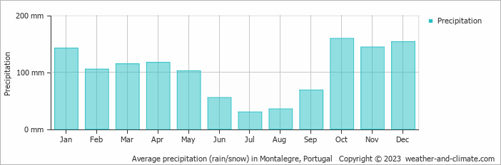 Average monthly rainfall, snow, precipitation in Montalegre, 